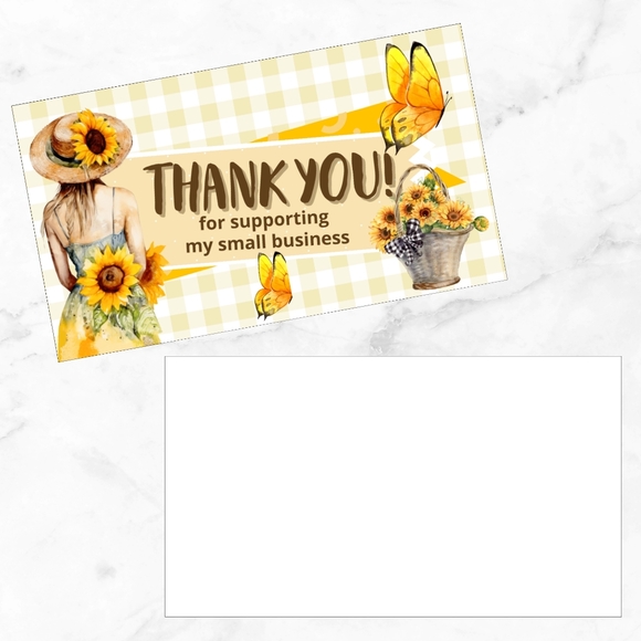 60 Thank You Cards Small Business Packaging Inserts  Glossy Finish Sunflowers - Picture 5 of 6